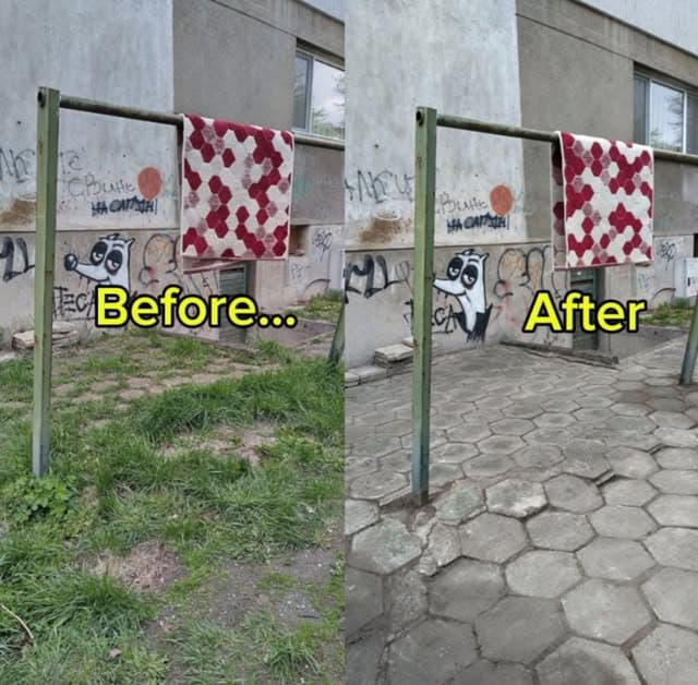 Before and after cleanup — overgrown courtyard cleared to clean paving stones